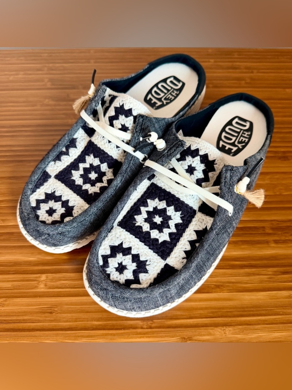 Hey Dude Wendy Slip Cottage Crochet Black/Multi Women’s 7 Boho Comfort Shoe